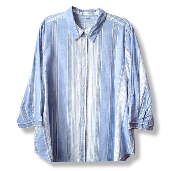 Maggie & Max Chambray Stripe Shirt Top 2X Cotton Breezy Casual Classic Coastal - Picture 1 of 10